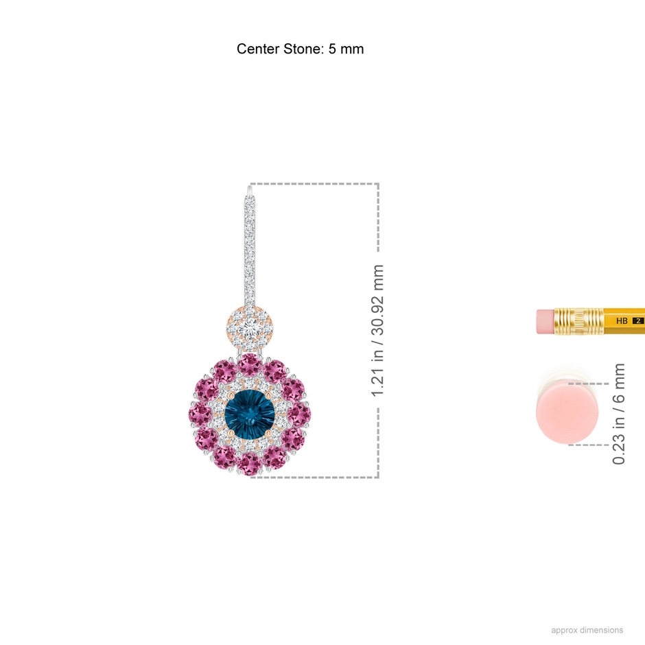 5mm AAAA London Blue Topaz and Pink Tourmaline Double Halo Earrings in White Gold Rose Gold ruler