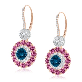 6mm AAAA London Blue Topaz and Pink Tourmaline Double Halo Earrings in 10K Rose Gold 10K White Gold