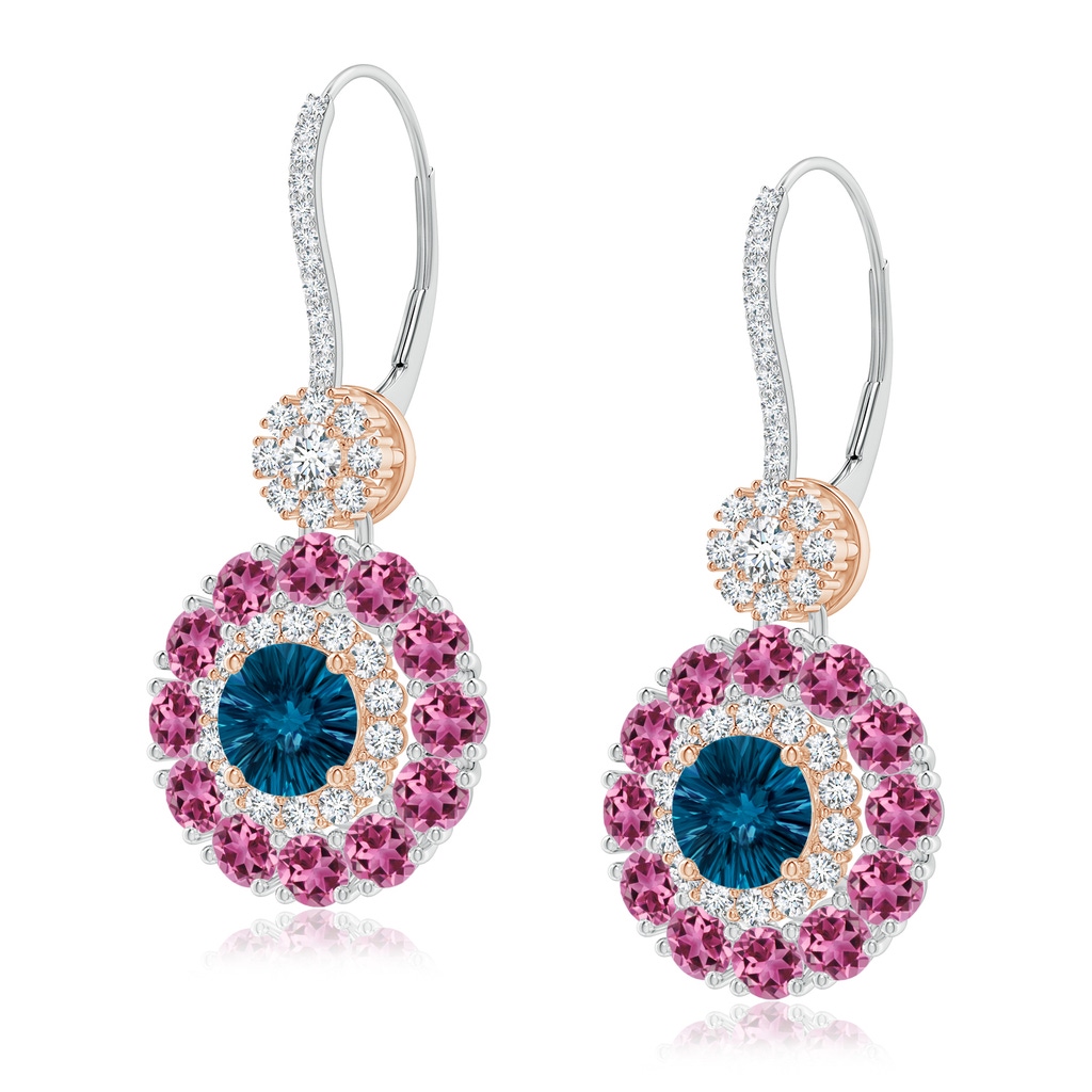 6mm AAAA London Blue Topaz and Pink Tourmaline Double Halo Earrings in White Gold Rose Gold