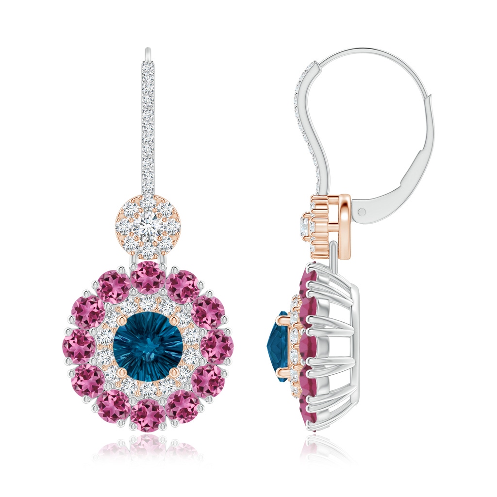 6mm AAAA London Blue Topaz and Pink Tourmaline Double Halo Earrings in White Gold Rose Gold Side-1
