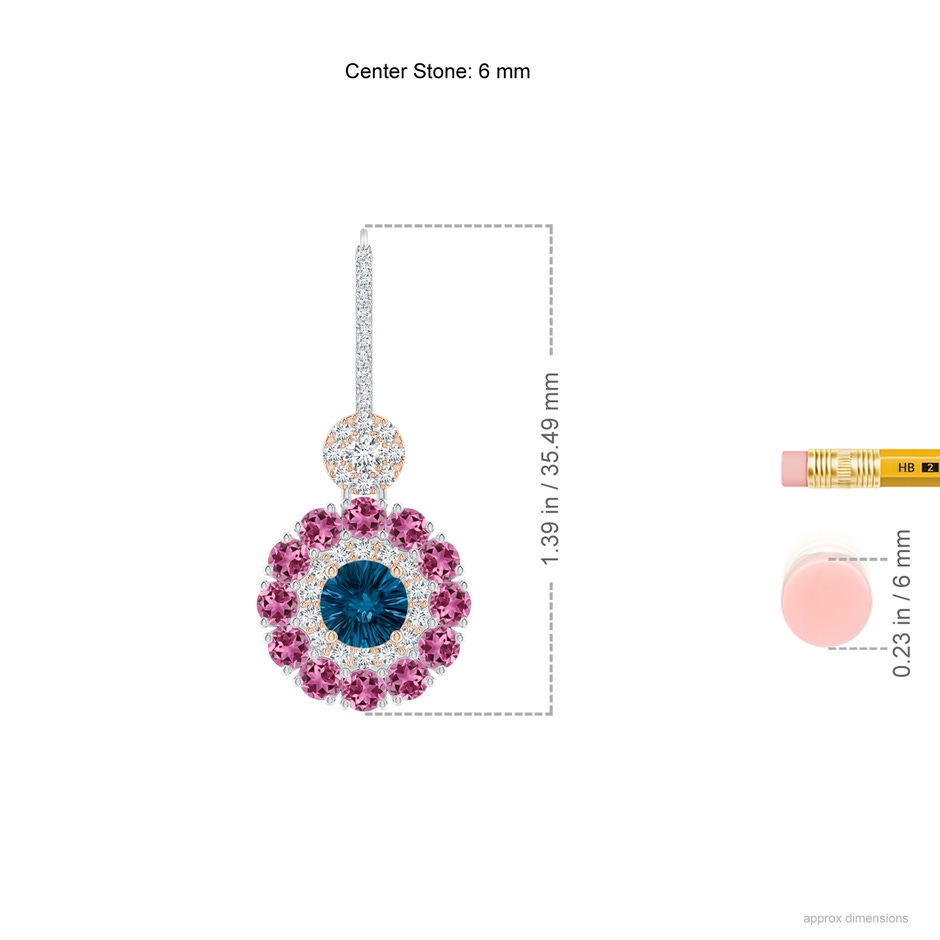 6mm AAAA London Blue Topaz and Pink Tourmaline Double Halo Earrings in White Gold Rose Gold ruler