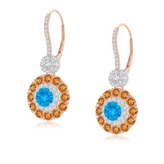 5mm AAAA Swiss Blue Topaz and Citrine Double Halo Earrings in 10K Rose Gold 10K White Gold