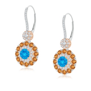 5mm AAAA Swiss Blue Topaz and Citrine Double Halo Earrings in White Gold Rose Gold