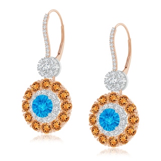 6mm AAAA Swiss Blue Topaz and Citrine Double Halo Earrings in 10K Rose Gold 10K White Gold