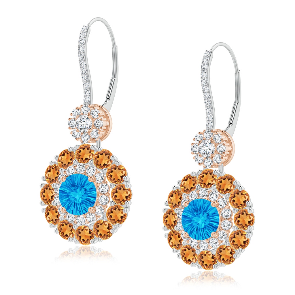 6mm AAAA Swiss Blue Topaz and Citrine Double Halo Earrings in White Gold Rose Gold