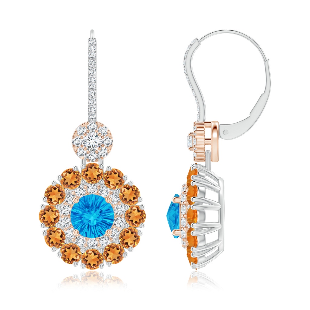 6mm AAAA Swiss Blue Topaz and Citrine Double Halo Earrings in White Gold Rose Gold Side-1