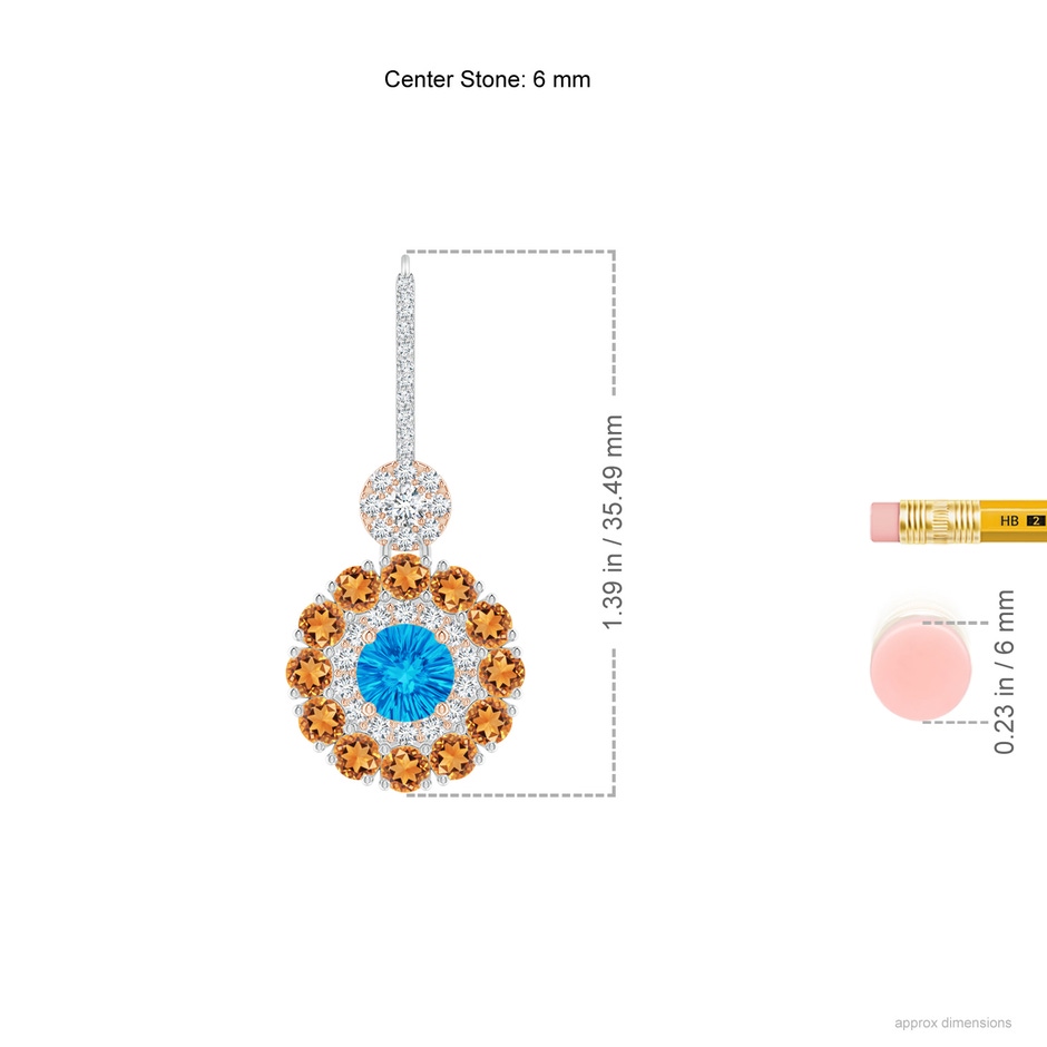 6mm AAAA Swiss Blue Topaz and Citrine Double Halo Earrings in White Gold Rose Gold ruler