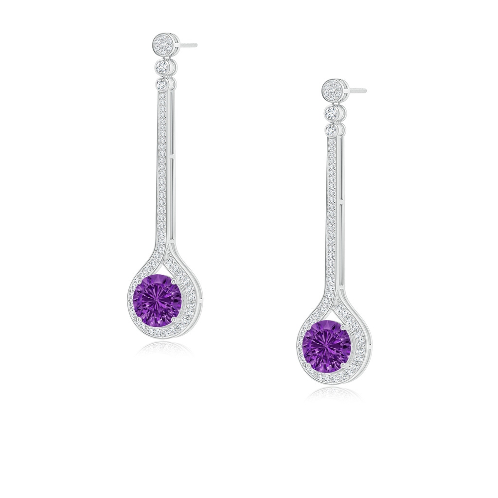 8mm AAAA Round Amethyst Long Teardrop Earrings in White Gold