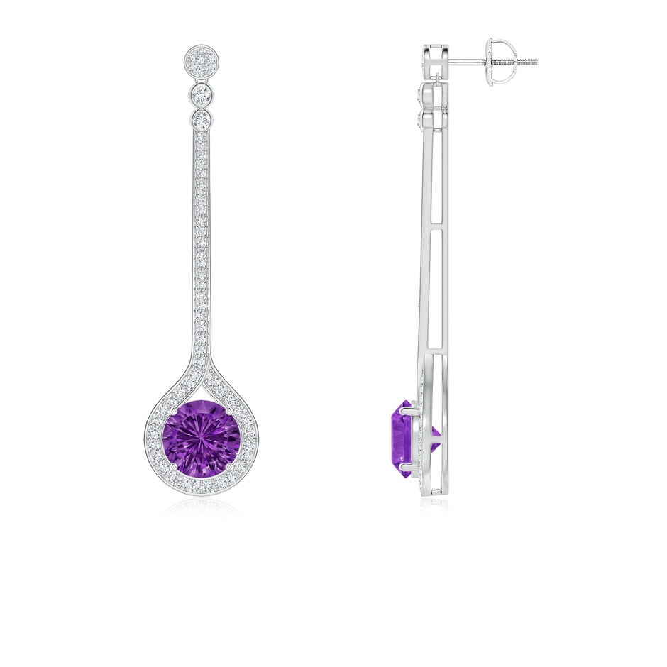 8mm AAAA Round Amethyst Long Teardrop Earrings in White Gold side-1