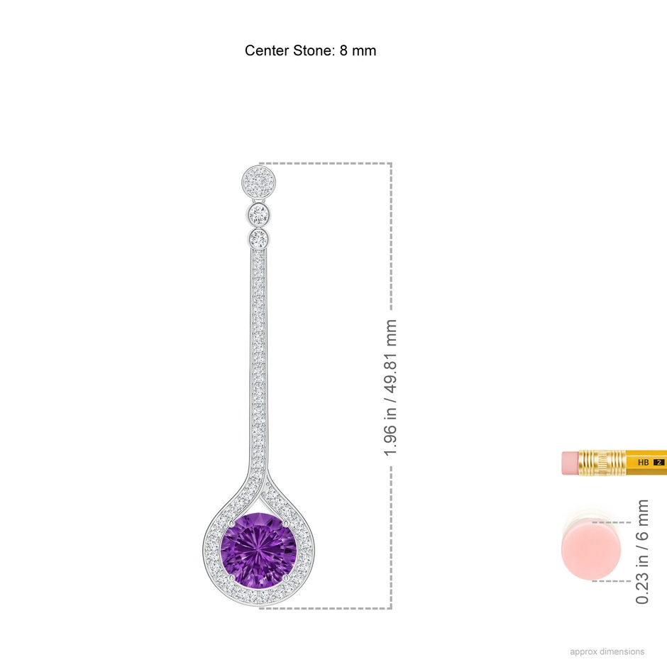 8mm AAAA Round Amethyst Long Teardrop Earrings in White Gold ruler