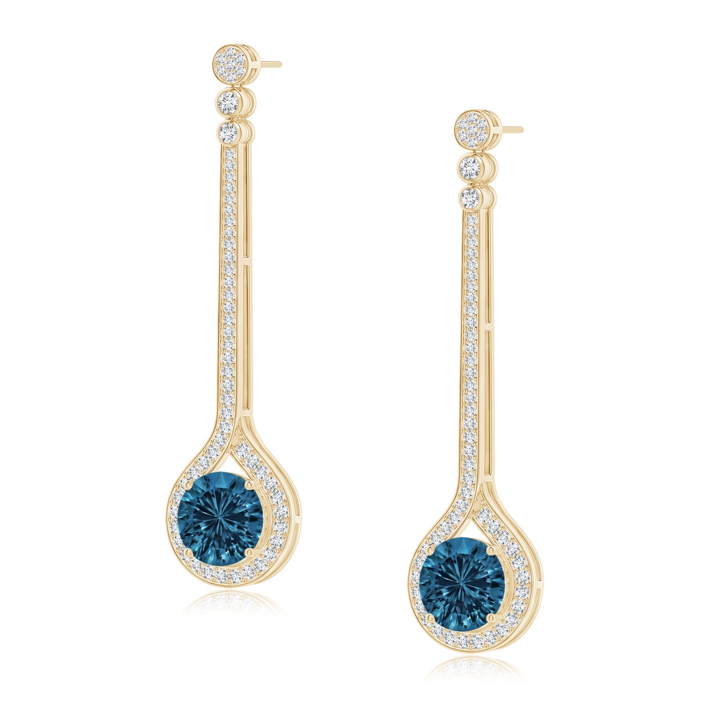 10mm AAAA Round London Blue Topaz Long Teardrop Earrings in Yellow Gold