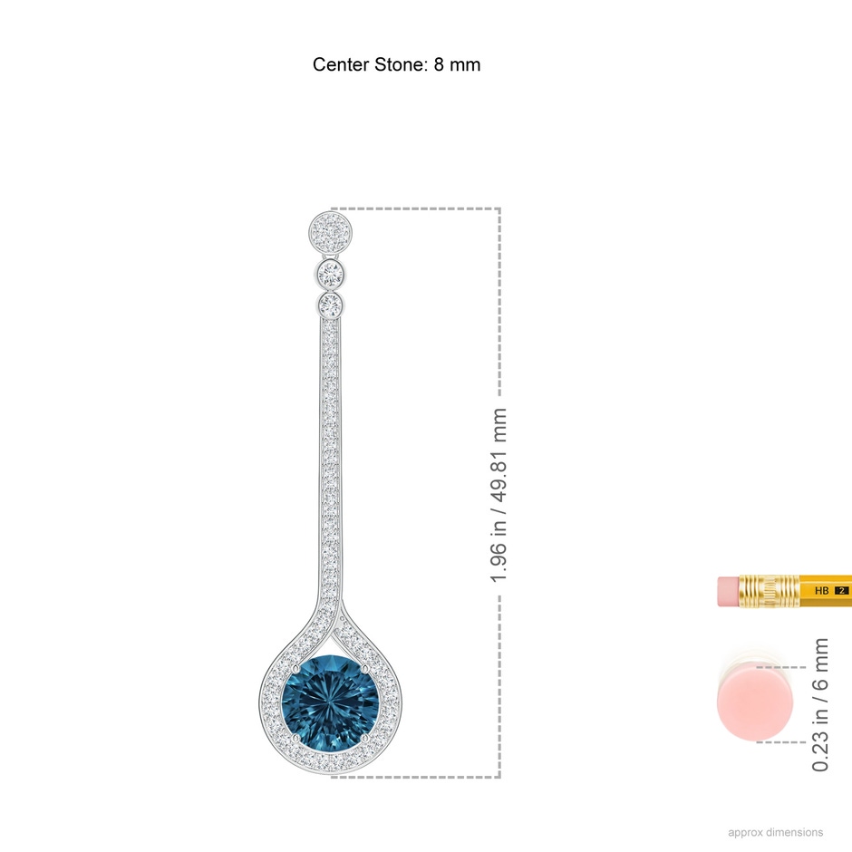 8mm AAAA Round London Blue Topaz Long Teardrop Earrings in White Gold ruler