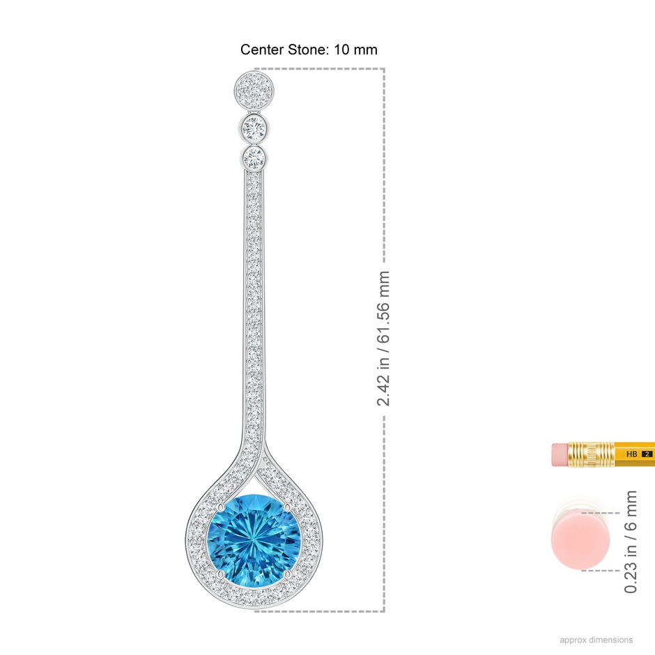 10mm AAAA Round Swiss Blue Topaz Long Teardrop Earrings in White Gold ruler