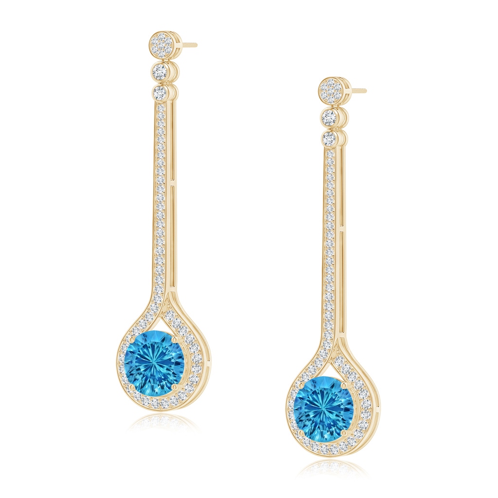 10mm AAAA Round Swiss Blue Topaz Long Teardrop Earrings in Yellow Gold