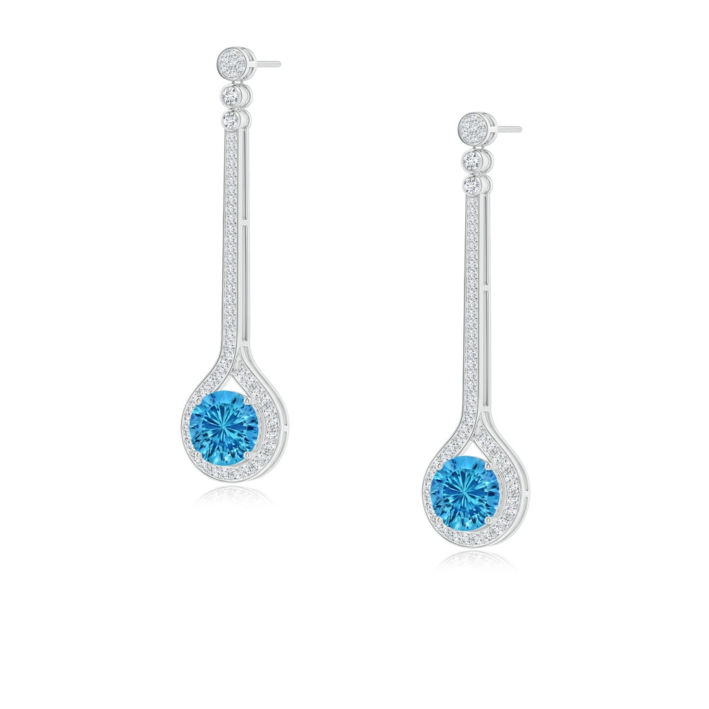 8mm AAAA Round Swiss Blue Topaz Long Teardrop Earrings in White Gold