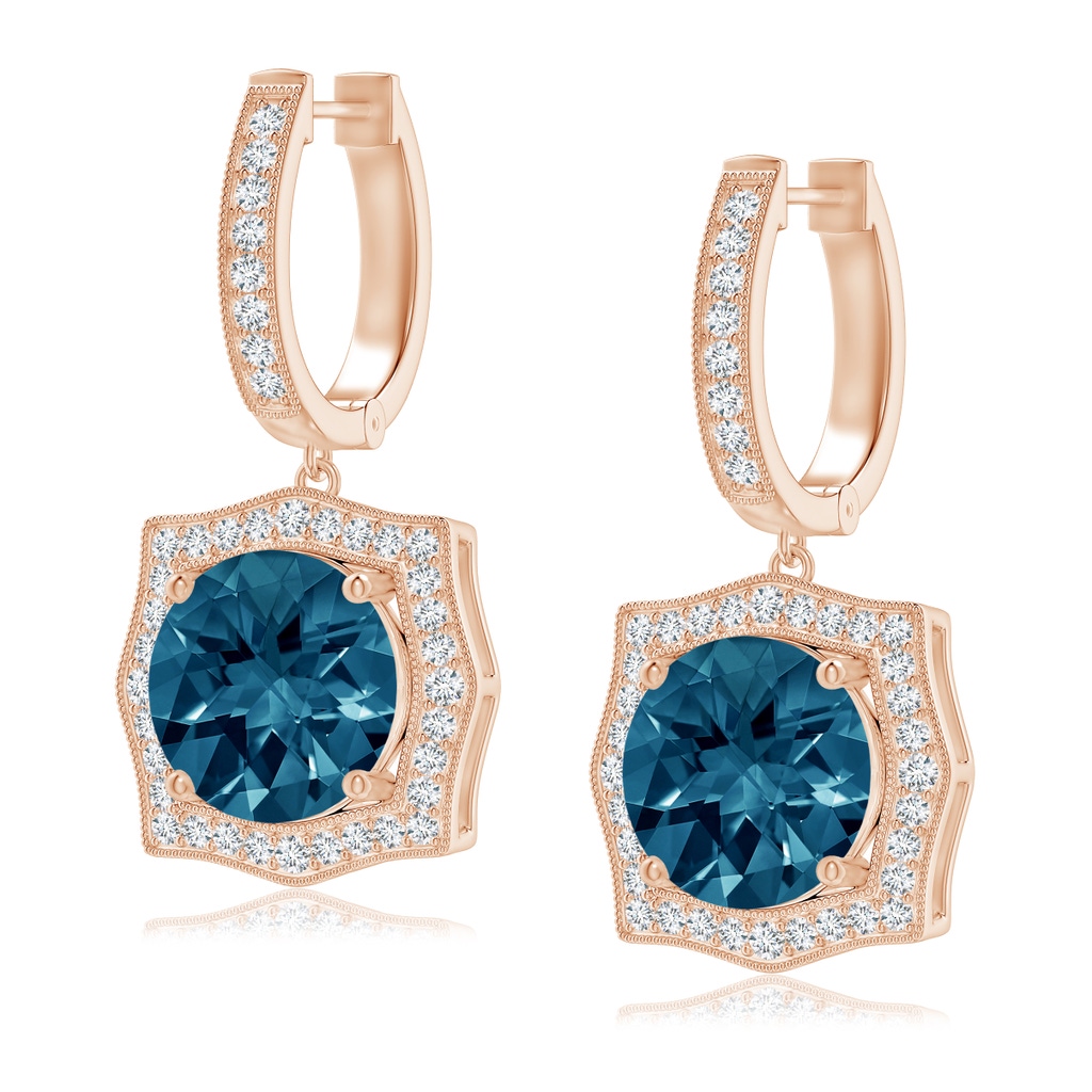 8mm AAAA Vintage Style London Blue Topaz Earrings with Ornate Halo in Rose Gold