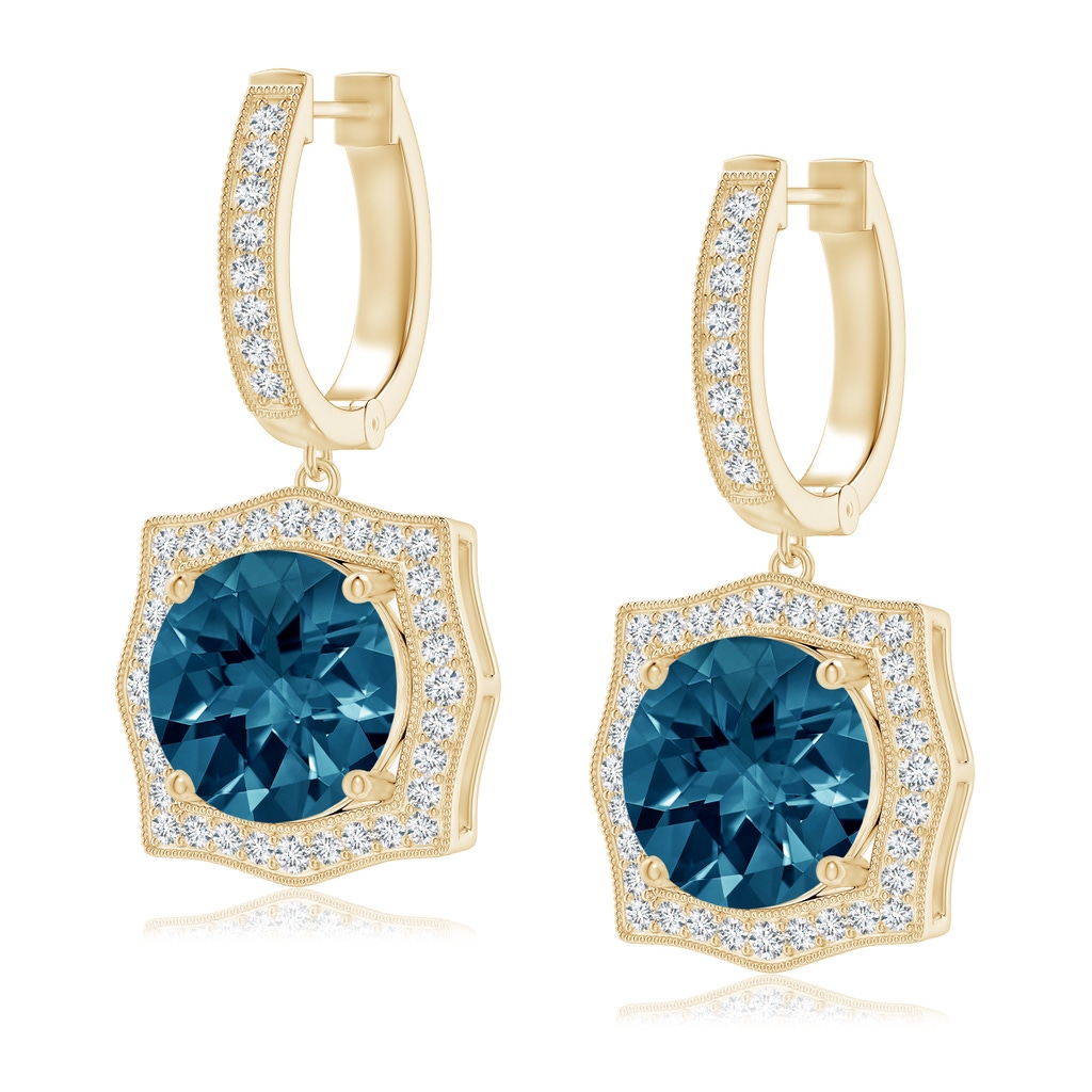 8mm AAAA Vintage Style London Blue Topaz Earrings with Ornate Halo in Yellow Gold