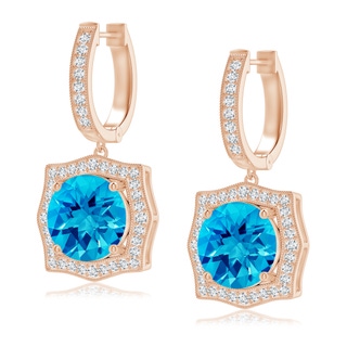 8mm AAAA Vintage Style Swiss Blue Topaz Earrings with Ornate Halo in 9K Rose Gold