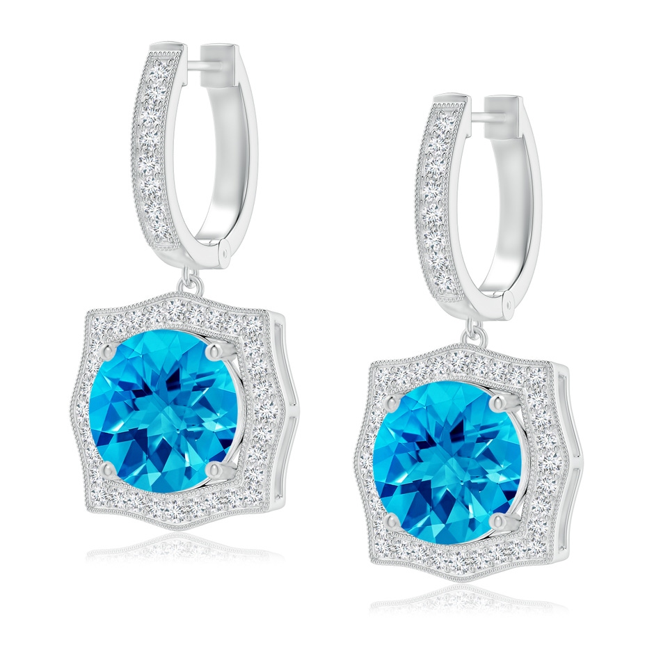 8mm AAAA Vintage Style Swiss Blue Topaz Earrings with Ornate Halo in White Gold 