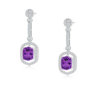 10x8mm AAAA Rectangular Cushion Amethyst Long Dangle Earrings in White Gold