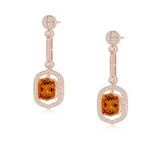 10x8mm AAAA Rectangular Cushion Citrine Long Dangle Earrings in 9K Rose Gold