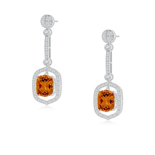 10x8mm AAAA Rectangular Cushion Citrine Long Dangle Earrings in P950 Platinum