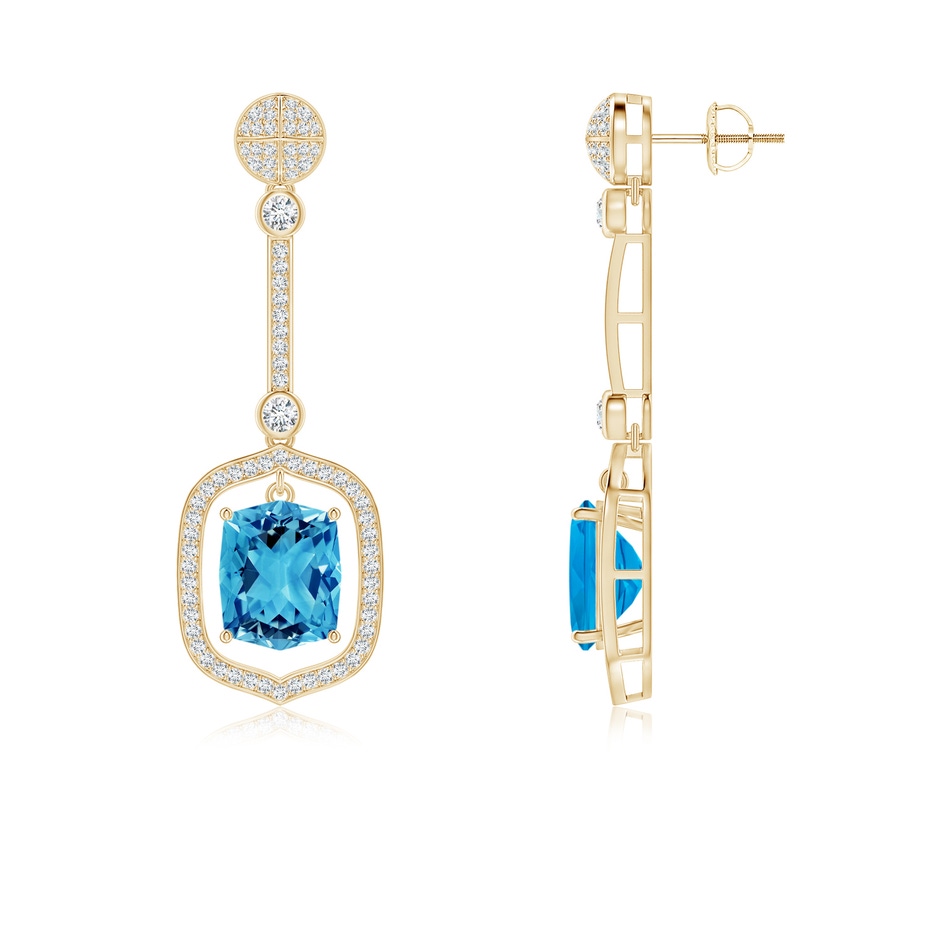 10x8mm AAAA Rectangular Cushion Swiss Blue Topaz Long Dangle Earrings in Yellow Gold side-1