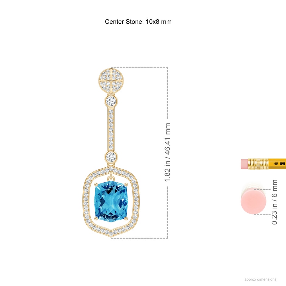 10x8mm AAAA Rectangular Cushion Swiss Blue Topaz Long Dangle Earrings in Yellow Gold ruler