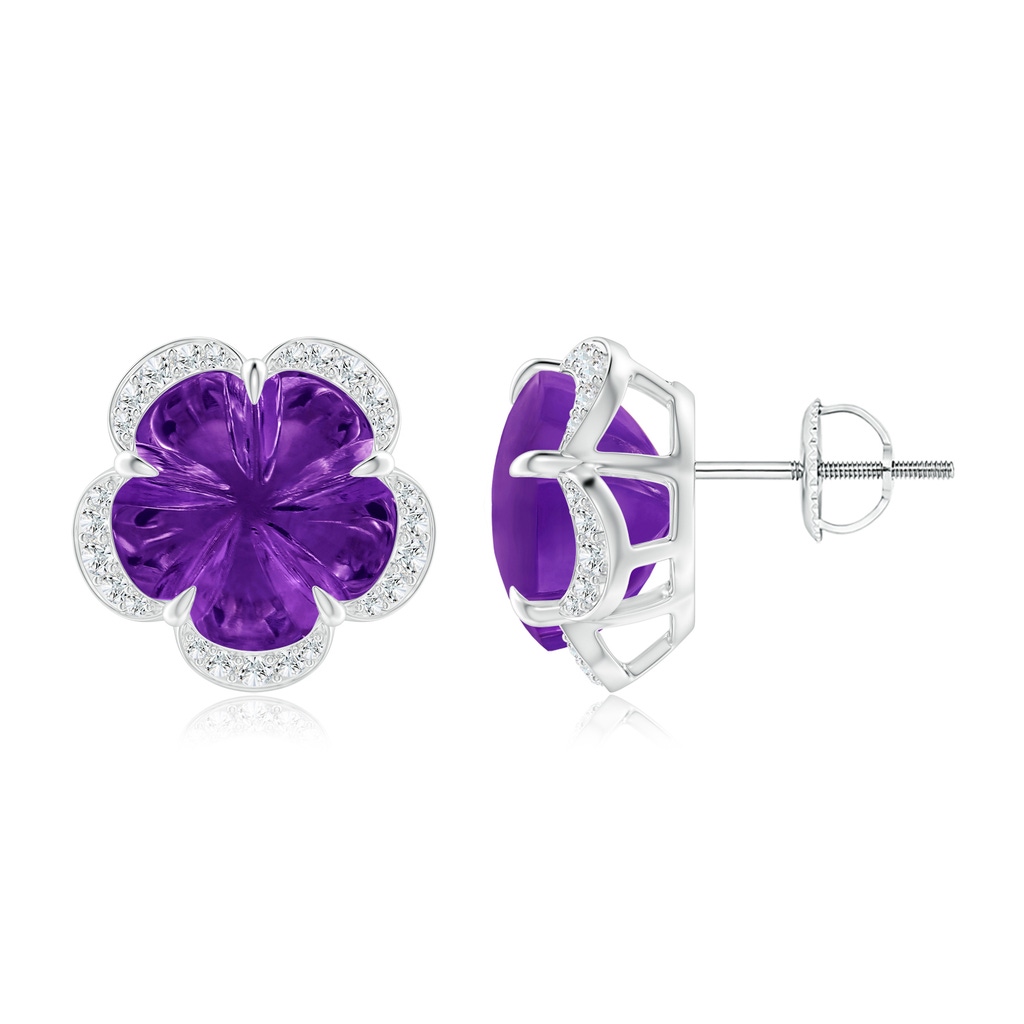 10mm AAAA Five-Petal Flower Amethyst Halo Stud Earrings in White Gold