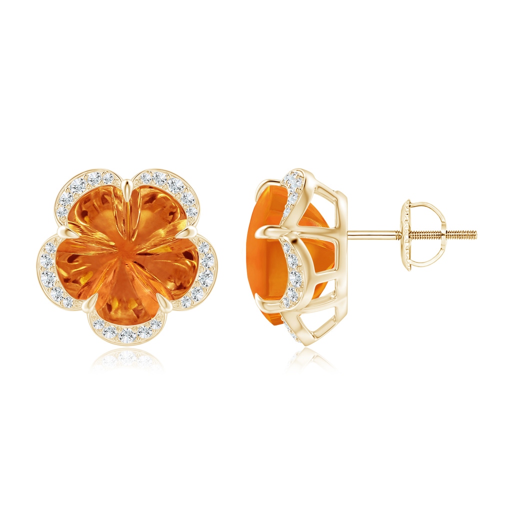 10mm AAAA Five-Petal Flower Citrine Halo Stud Earrings in Yellow Gold