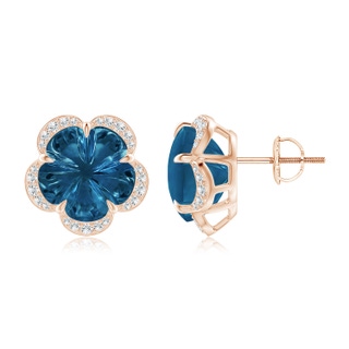 10mm AAAA Five-Petal Flower London Blue Topaz Halo Stud Earrings in 10K Rose Gold