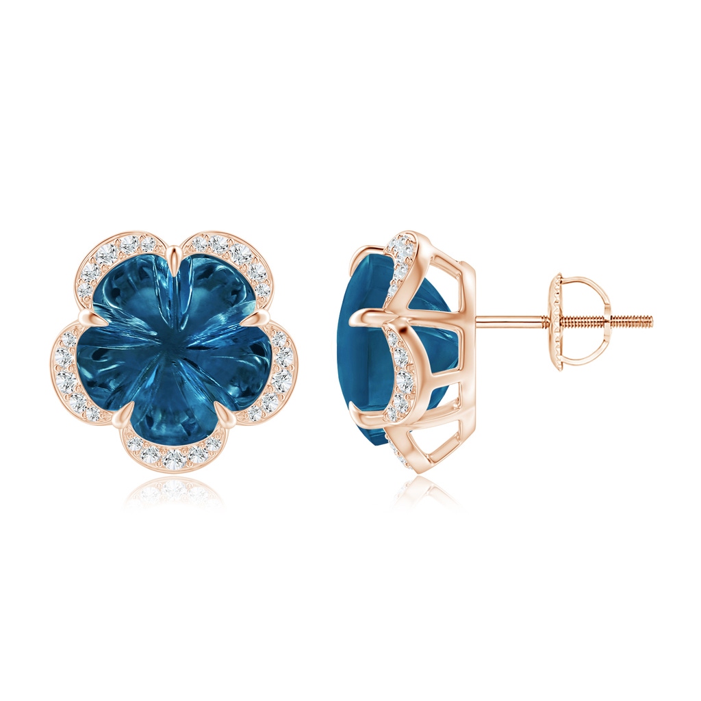 10mm AAAA Five-Petal Flower London Blue Topaz Halo Stud Earrings in Rose Gold