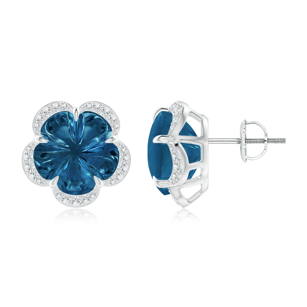10mm AAAA Five-Petal Flower London Blue Topaz Halo Stud Earrings in White Gold