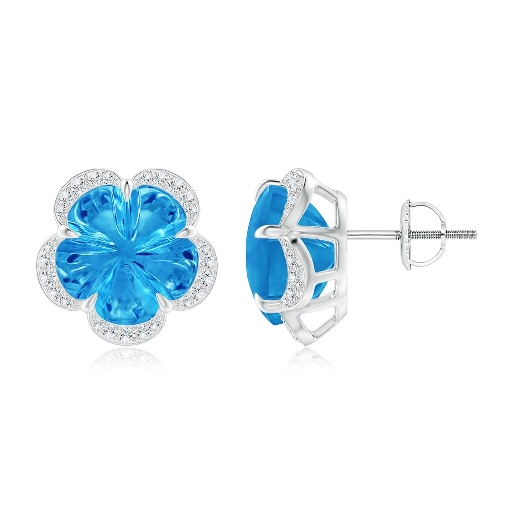 10mm AAAA Five-Petal Flower Swiss Blue Topaz Halo Stud Earrings in White Gold 