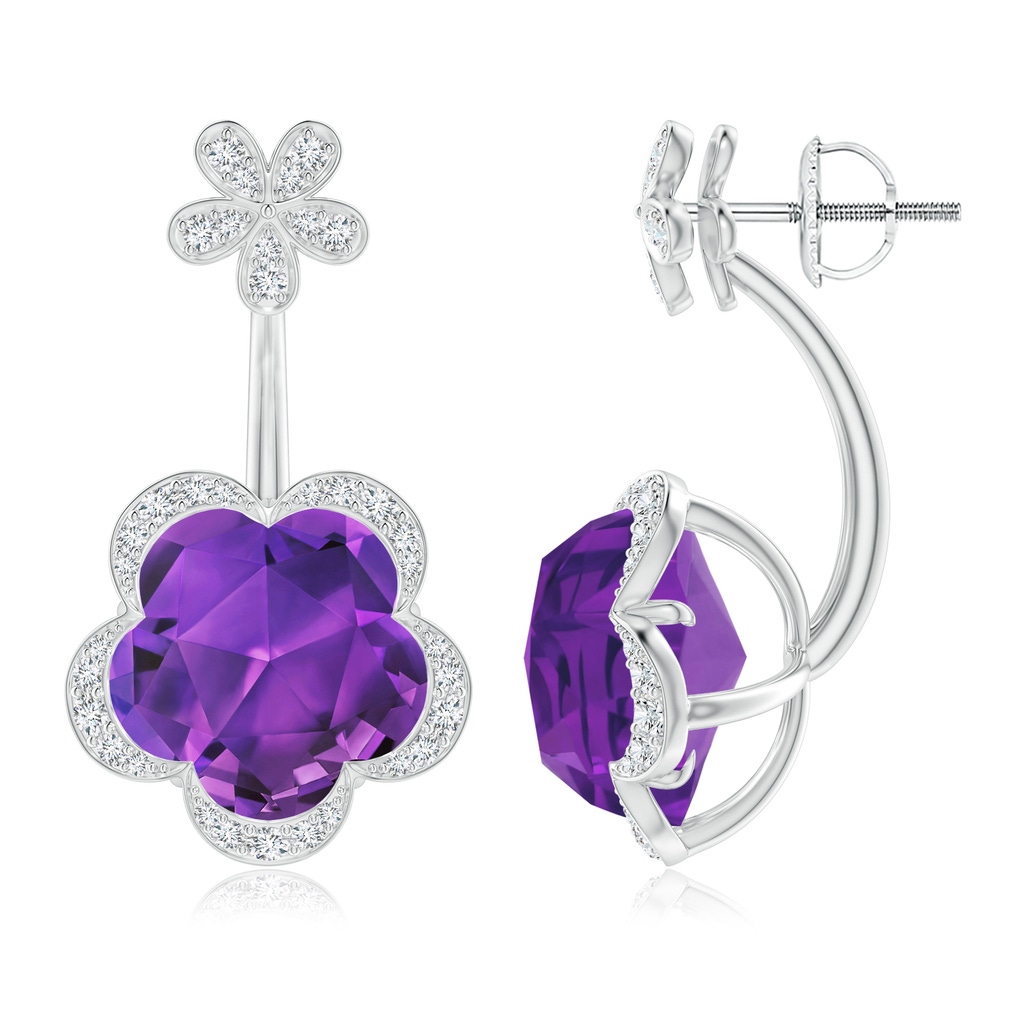 10mm AAAA Five-Petal Flower Amethyst Backset Multi-Wear Earrings in White Gold