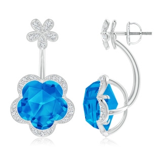 10mm AAAA Five-Petal Flower Swiss Blue Topaz Backset Multi-Wear Earrings in White Gold