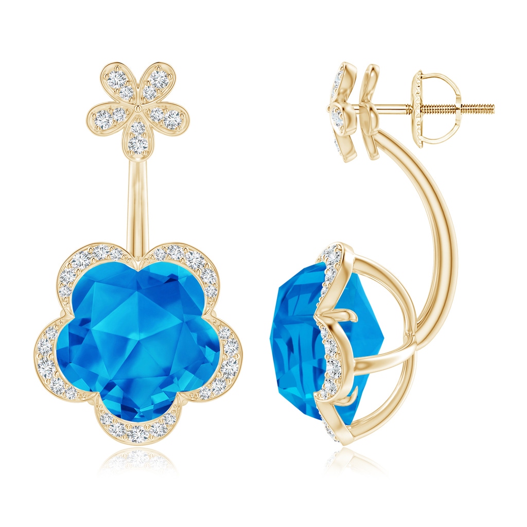 10mm AAAA Five-Petal Flower Swiss Blue Topaz Backset Multi-Wear Earrings in Yellow Gold