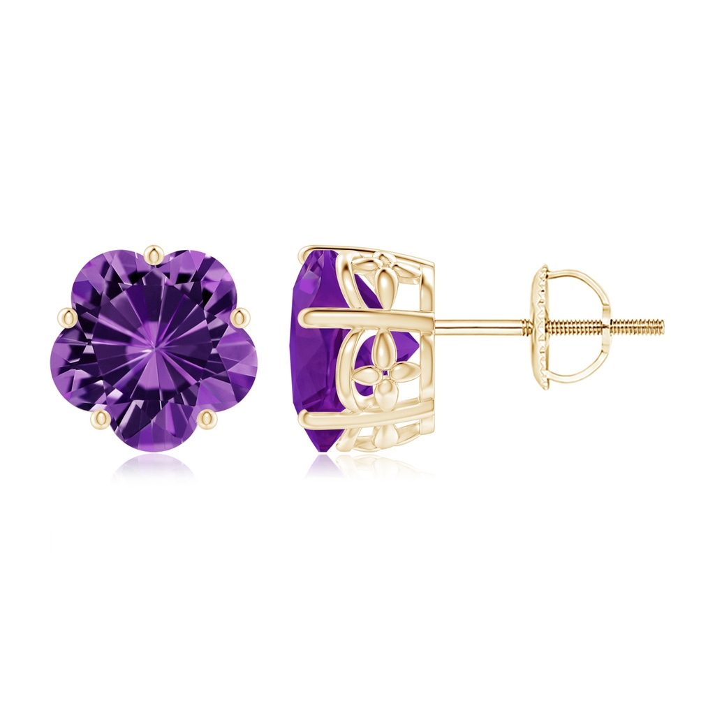 8mm AAAA Solitaire Five-Petal Flower Amethyst Stud Earrings in Yellow Gold