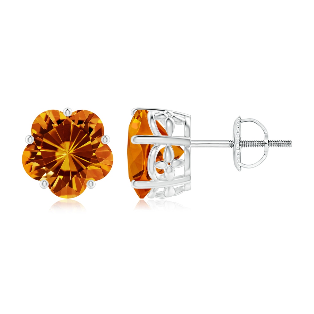8mm AAAA Solitaire Five-Petal Flower Citrine Stud Earrings in White Gold