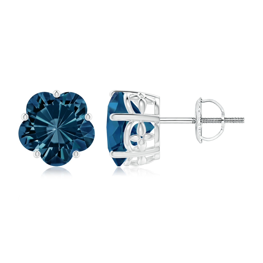 8mm AAAA Solitaire Five-Petal Flower London Blue Topaz Stud Earrings in White Gold