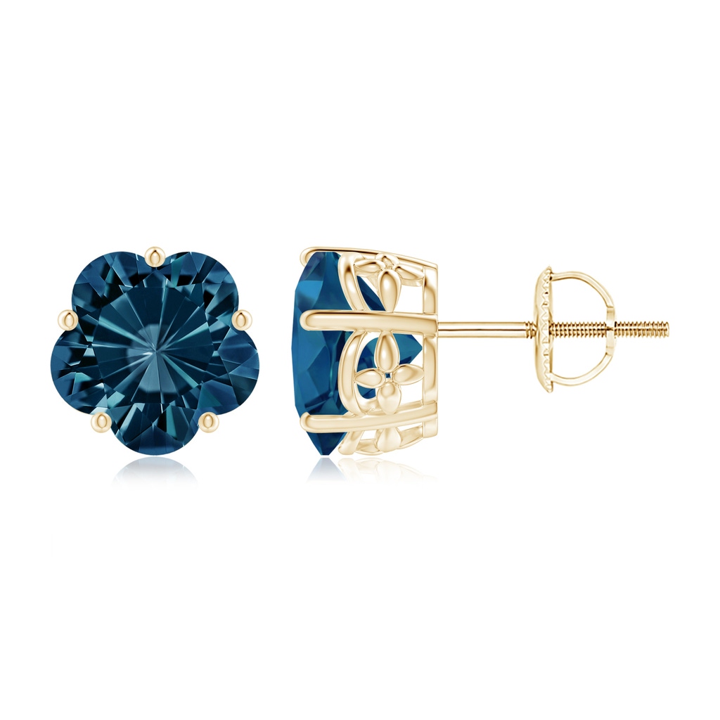 8mm AAAA Solitaire Five-Petal Flower London Blue Topaz Stud Earrings in Yellow Gold