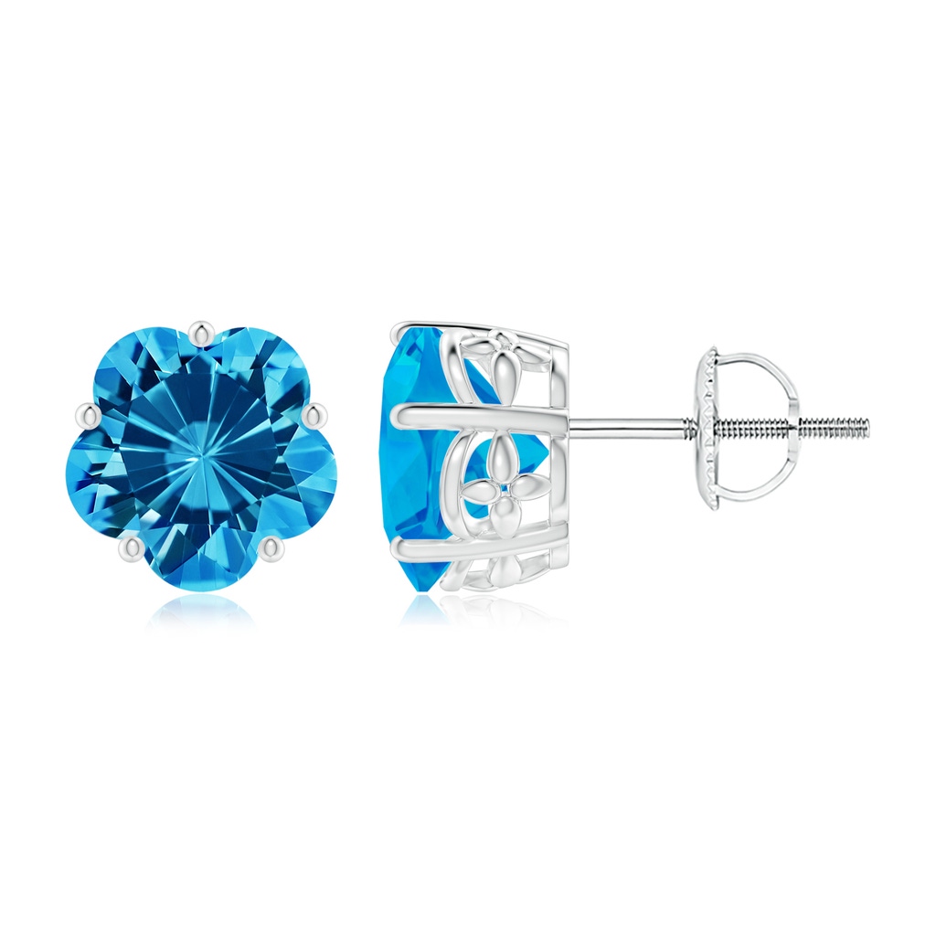 8mm AAAA Solitaire Five-Petal Flower Swiss Blue Topaz Stud Earrings in White Gold