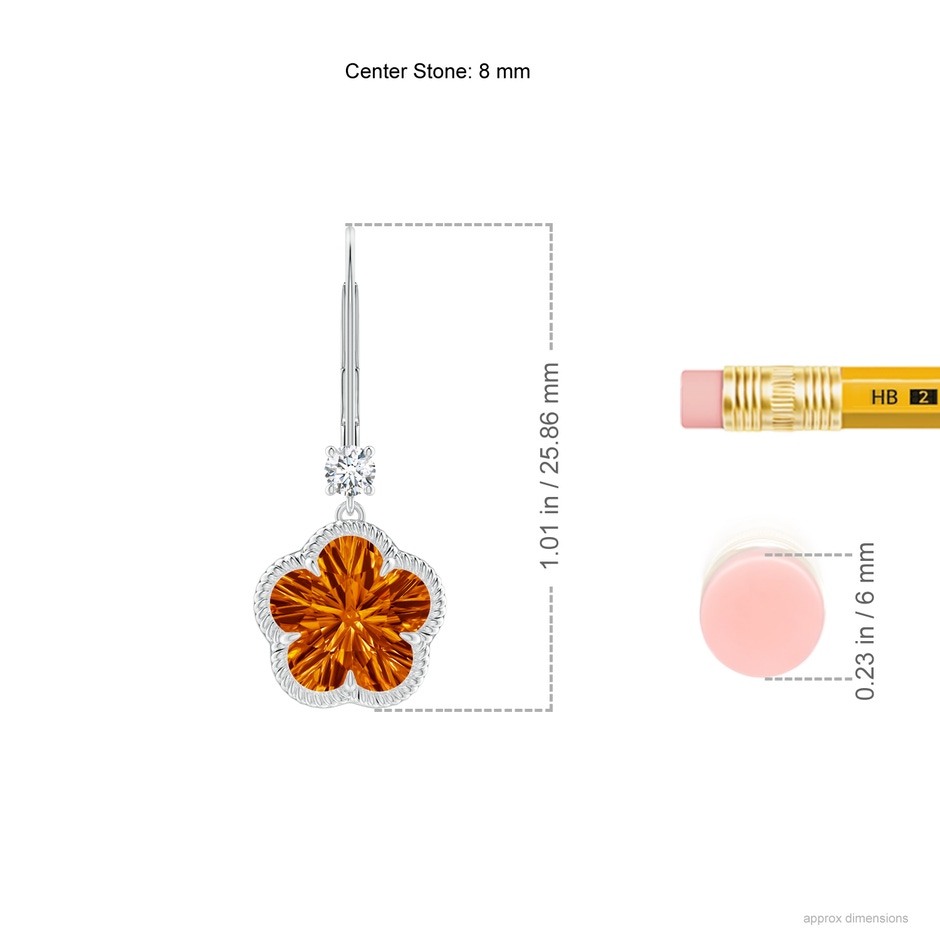 8mm AAAA Five-Petal Flower Citrine Twisted Wire Halo Earrings in White Gold ruler