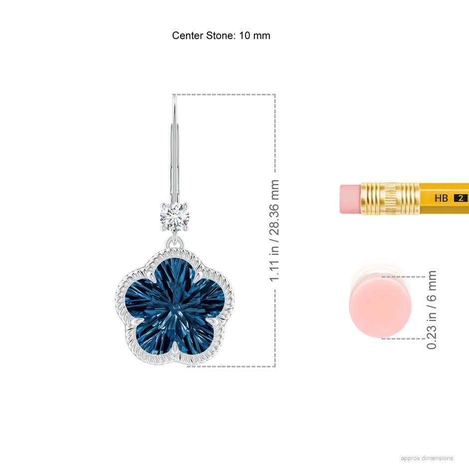 10mm AAAA Five-Petal Flower London Blue Topaz Twisted Wire Halo Earrings in P950 Platinum ruler
