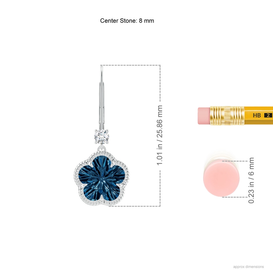 8mm AAAA Five-Petal Flower London Blue Topaz Twisted Wire Halo Earrings in P950 Platinum ruler