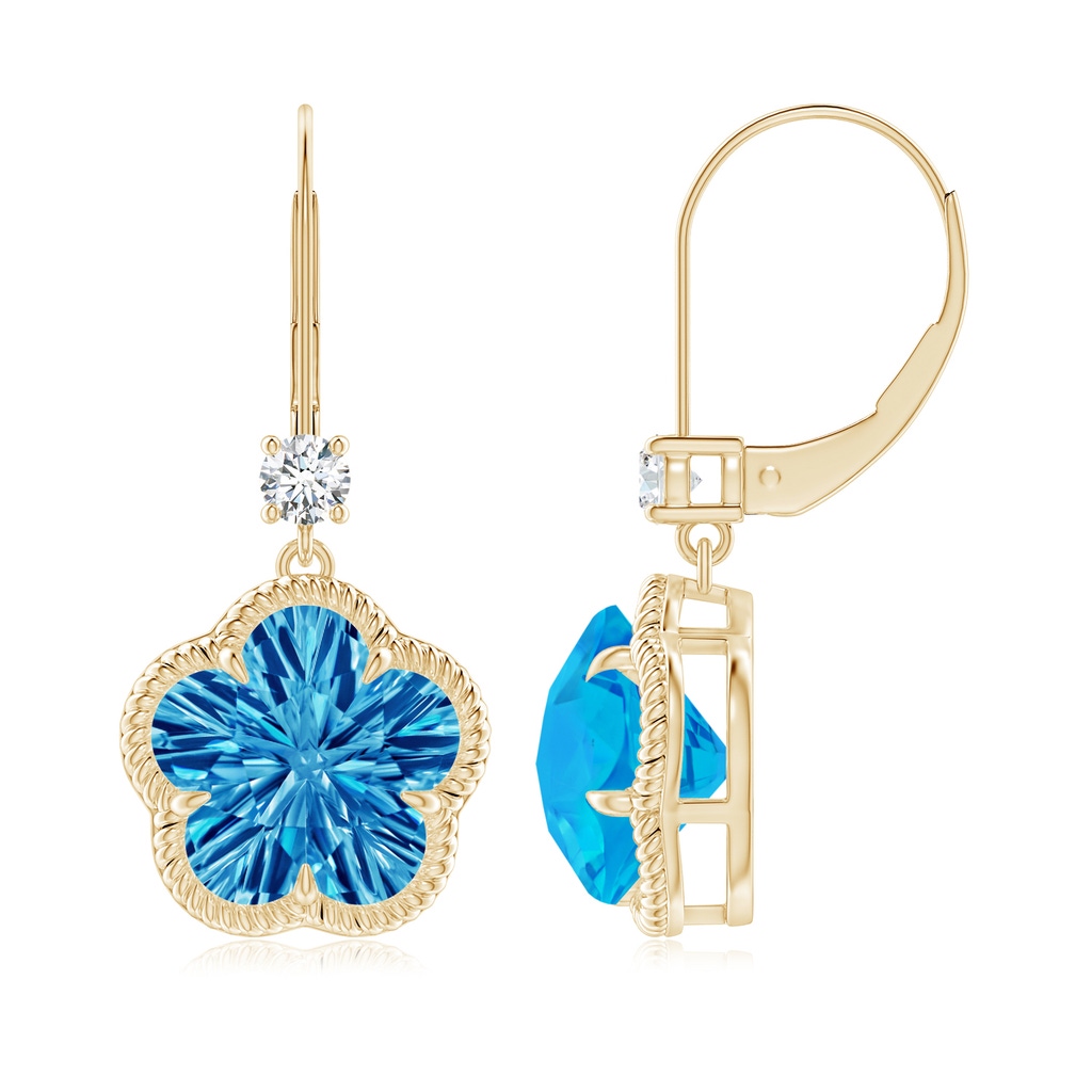 10mm AAAA Five-Petal Flower Swiss Blue Topaz Twisted Wire Halo Earrings in Yellow Gold