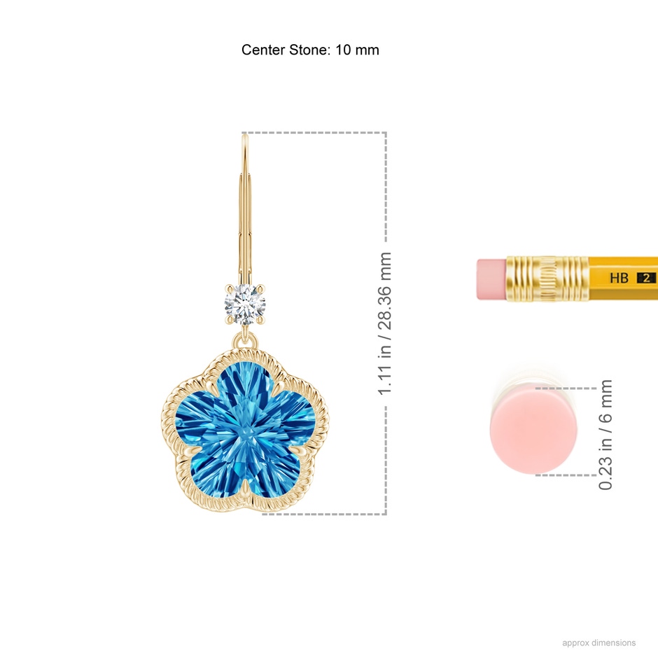 10mm AAAA Five-Petal Flower Swiss Blue Topaz Twisted Wire Halo Earrings in Yellow Gold ruler
