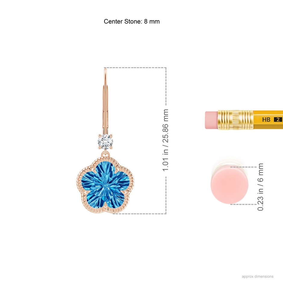 8mm AAAA Five-Petal Flower Swiss Blue Topaz Twisted Wire Halo Earrings in Rose Gold ruler