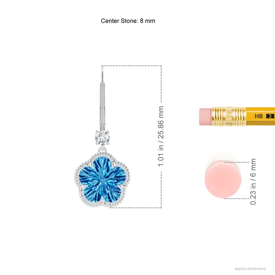 8mm AAAA Five-Petal Flower Swiss Blue Topaz Twisted Wire Halo Earrings in White Gold ruler