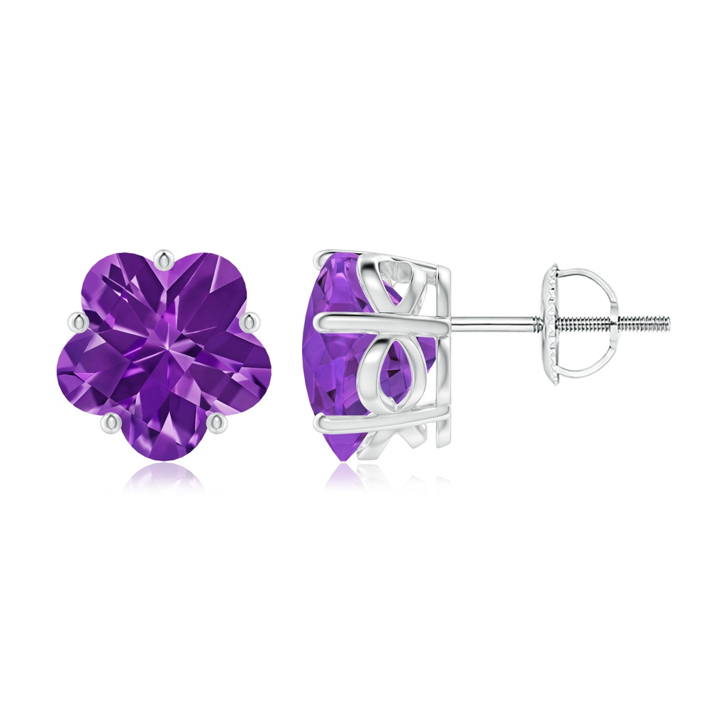 8mm AAAA Classic Five-Petal Flower Amethyst Stud Earrings in White Gold